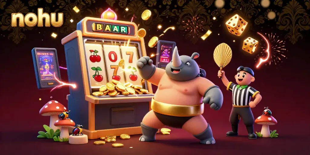 Nohu slot casino gaming illustration with beetle characters and jackpot explosion