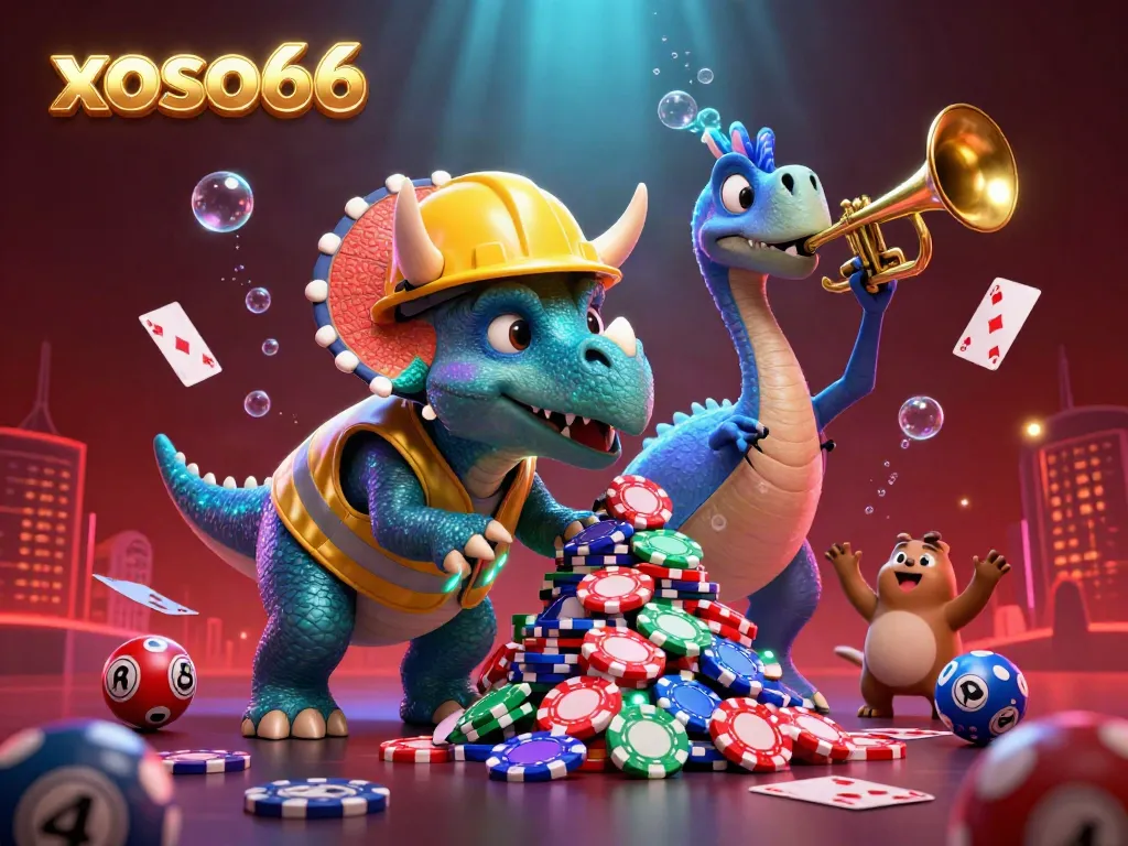 xoso66 engages players with a vibrant lottery-themed celebration featuring cartoon dinosaurs and festive elements.
