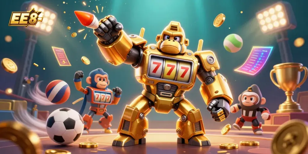 Engage in thrilling gameplay with EE 88, featuring a golden gorilla mech amidst dynamic sports action and vibrant graphics.