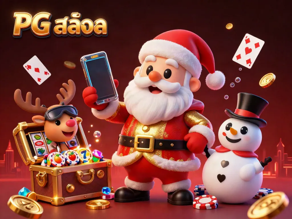 Play PG สล็อต slots featuring Santa Claus at a dazzling casino with vibrant animations.