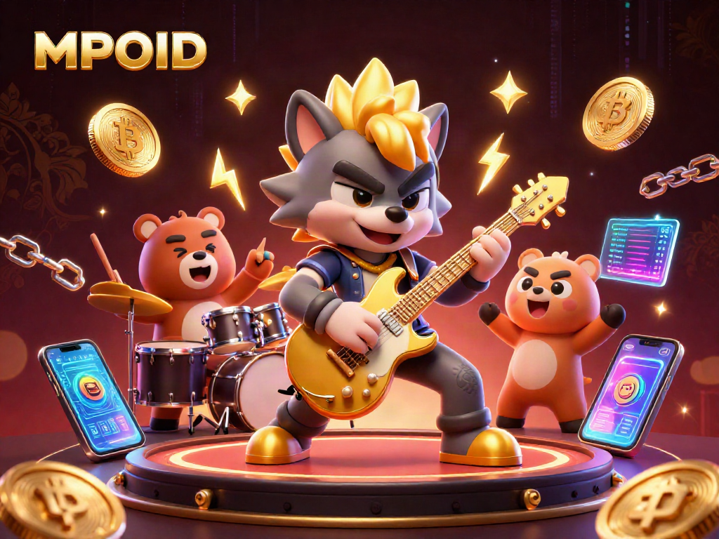 Engage with MPOID's vibrant casino scene showcasing a rock star and drummer with cryptocurrency elements.