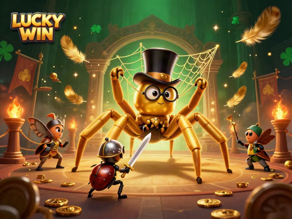 LUCKY WIN brings excitement with a golden tarantula, knight, and moths in a vibrant casino setting.