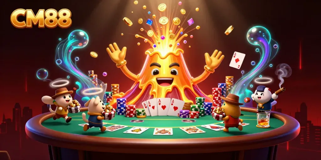 Experience thrilling wins at CM88, with dynamic illustrations of a golden volcano erupting treasure at a poker table.