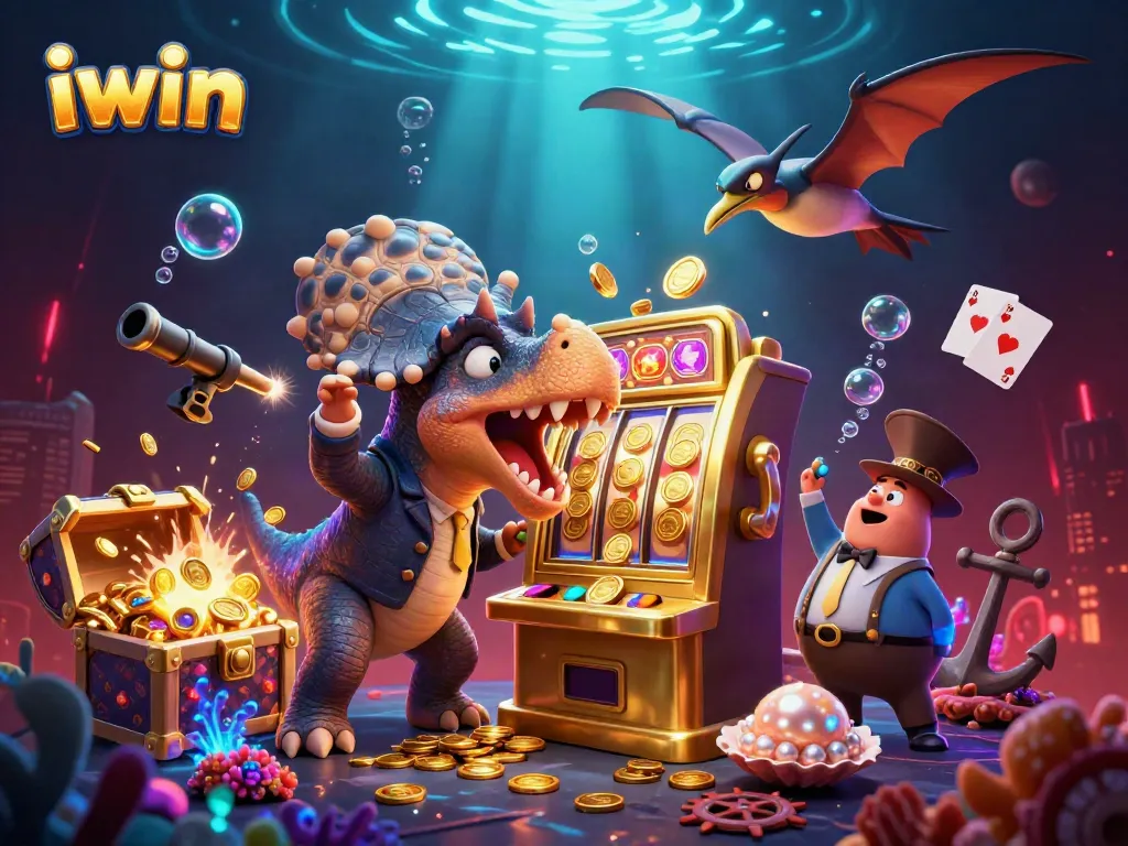 iwin logo showcased as a pachycephalosaurus wins jackpots from a golden slot machine in a vibrant casino scene.