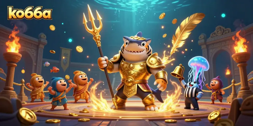Experience thrilling action at ko66a with a dynamic underwater casino showdown featuring vibrant characters and game elements.