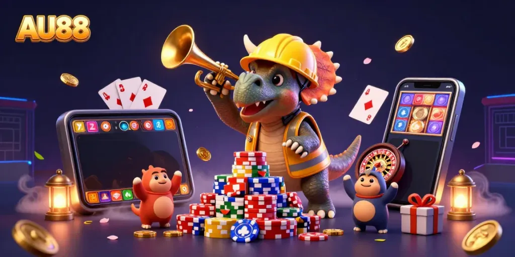 AU88 casino scene with triceratops building poker chip pyramid celebrated by friends in vibrant colors.