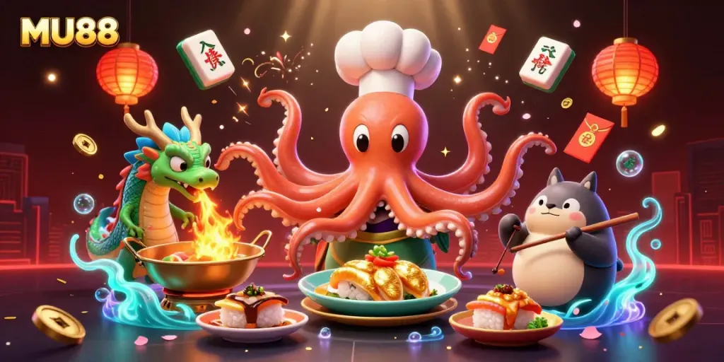 Engage with MU88's vibrant casino world featuring an octopus chef cooking, surrounded by celebratory elements.