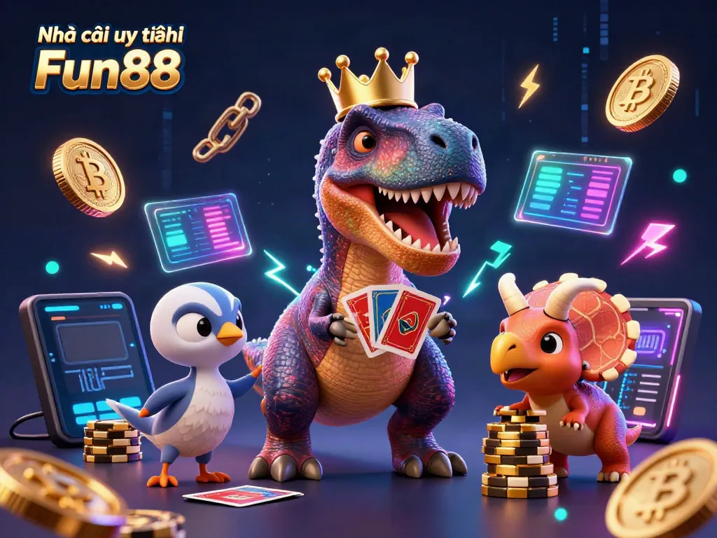 Engage in thrilling games at Nhà cái uy tín Fun88 with vibrant 3D characters illustrating a lively casino scene.
