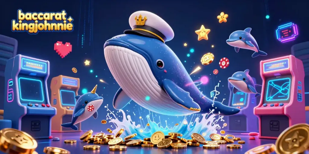 Baccarat kingjohnnie scene with a cartoon whale, narwhal, and dolphins amidst casino elements.