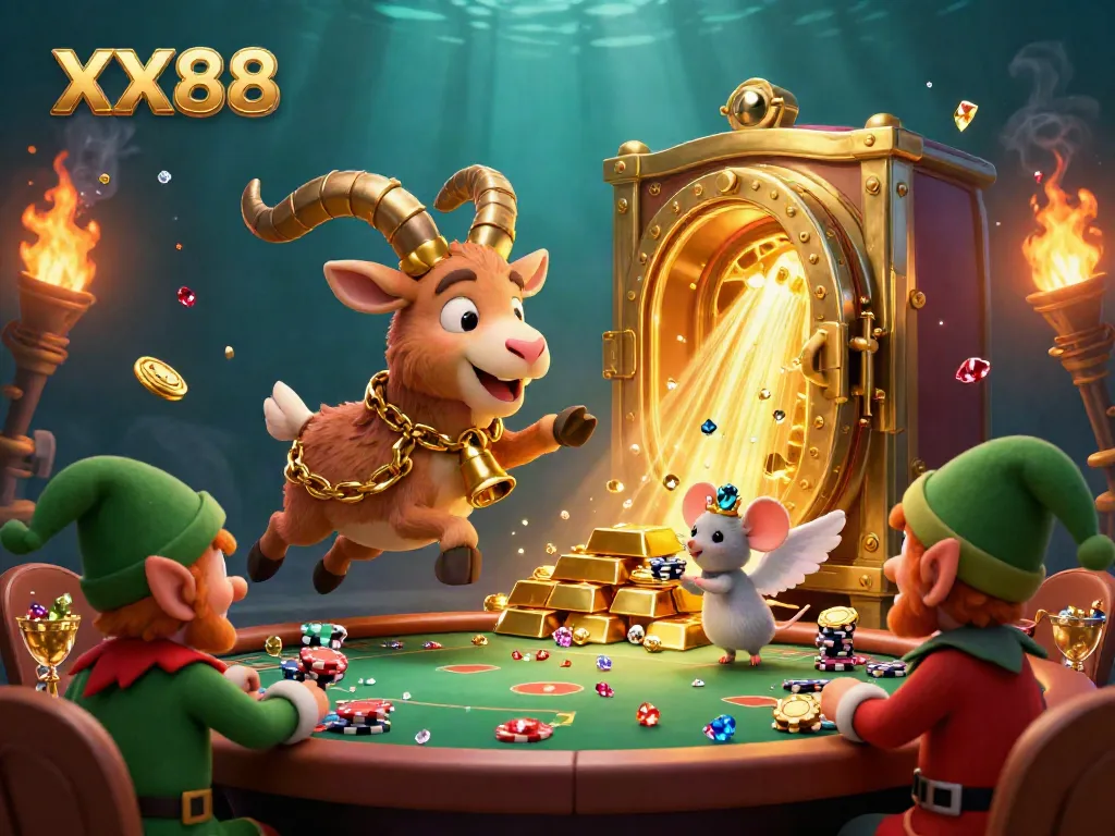 Experience the exciting atmosphere of XX88, where cartoon characters interact in a lively casino filled with treasures.