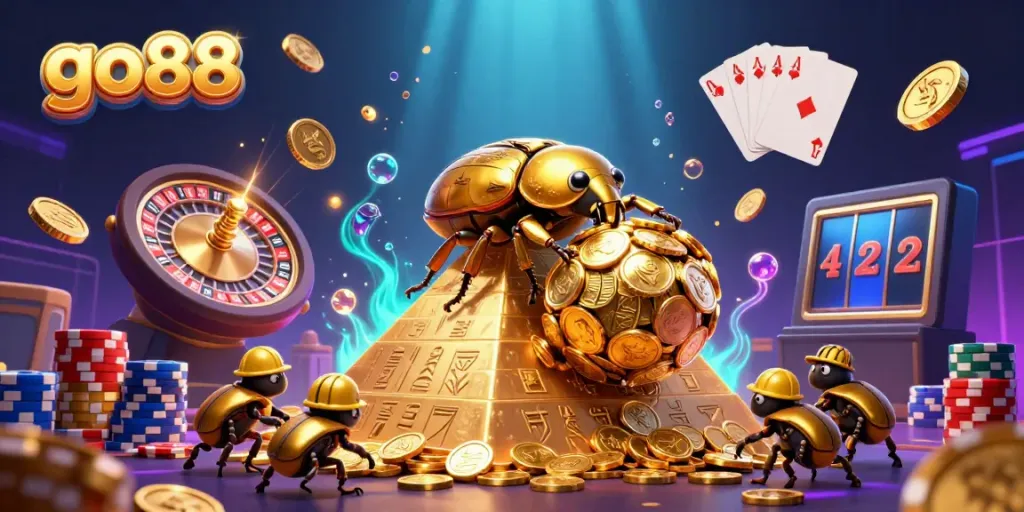 Engage in the fun-filled world of go88 with a golden beetle rolling coins amongst vibrant casino symbols.