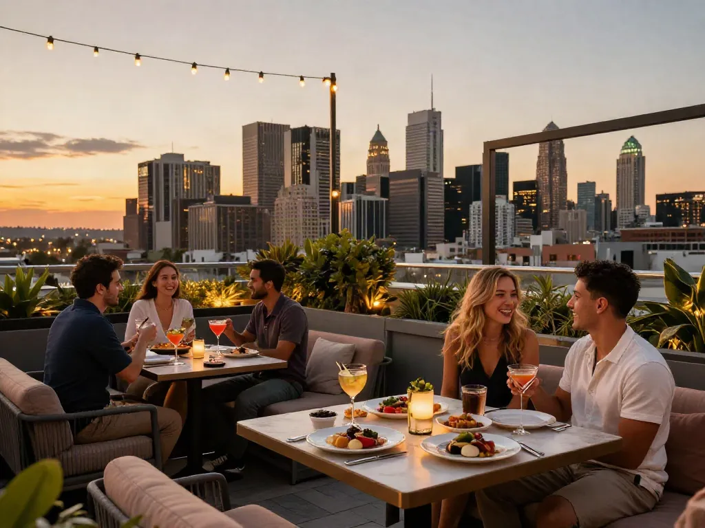 NoHu rooftop bar scene with guests enjoying crafted cocktails and skyline views.