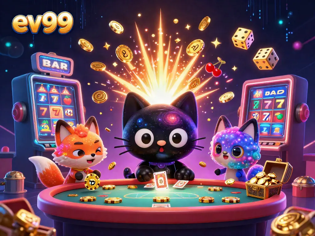 Experience thrilling wins at ev99 with a lively cosmic casino setting featuring dynamic characters and magical effects.