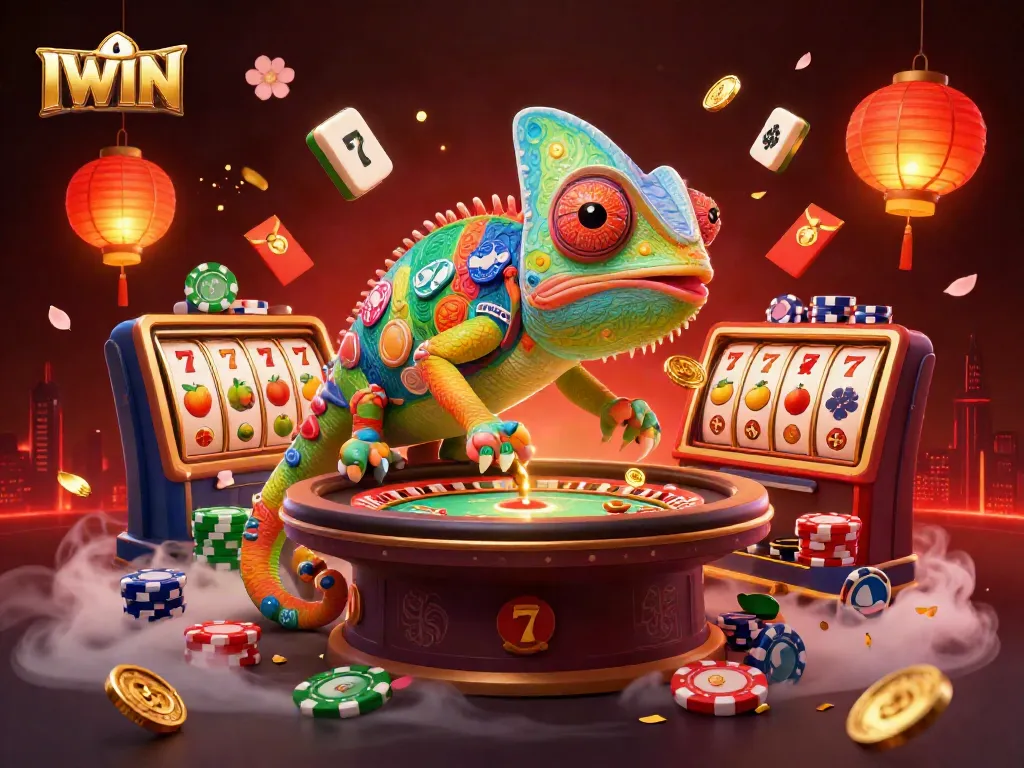 IWIN casino chameleon owner snatching golden coins amid vibrant 3D slot reels and playful symbols