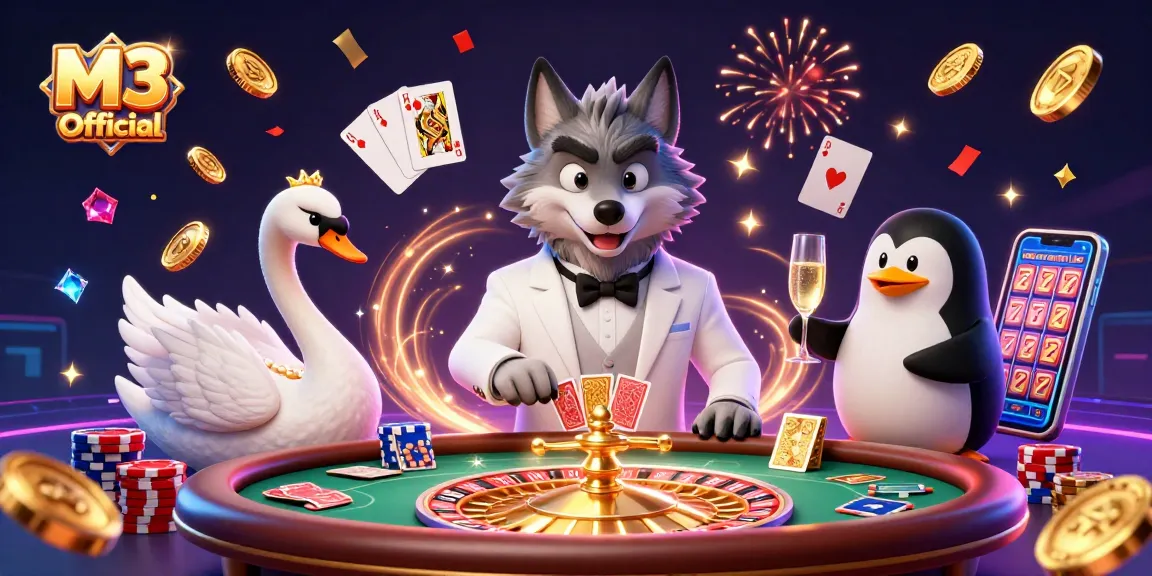 M3 Official showcases a vibrant casino scene with a debonair wolf, elegant swan, and sophisticated penguin amid dynamic gambling action.