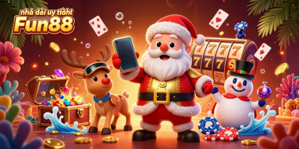 Experience the thrill of Nhà cái uy tín Fun88 with this vibrant casino-themed illustration featuring cartoon characters.