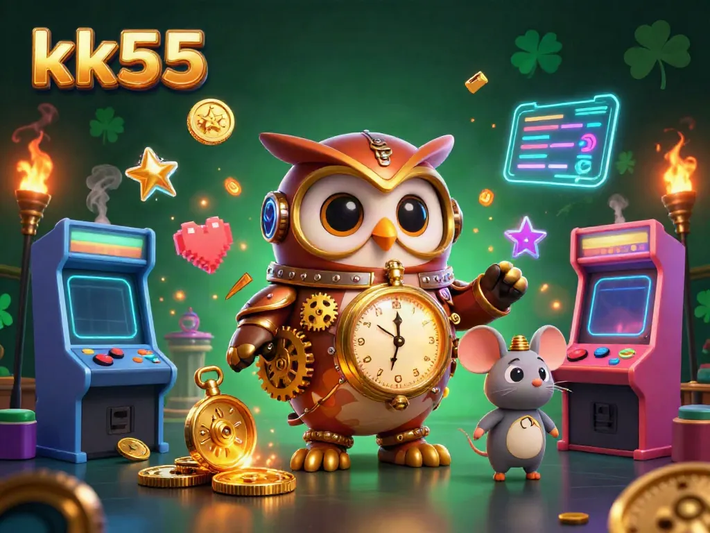 Experience vibrant gameplay with kk55, featuring an owl and mouse in a dynamic 3D casino scene.