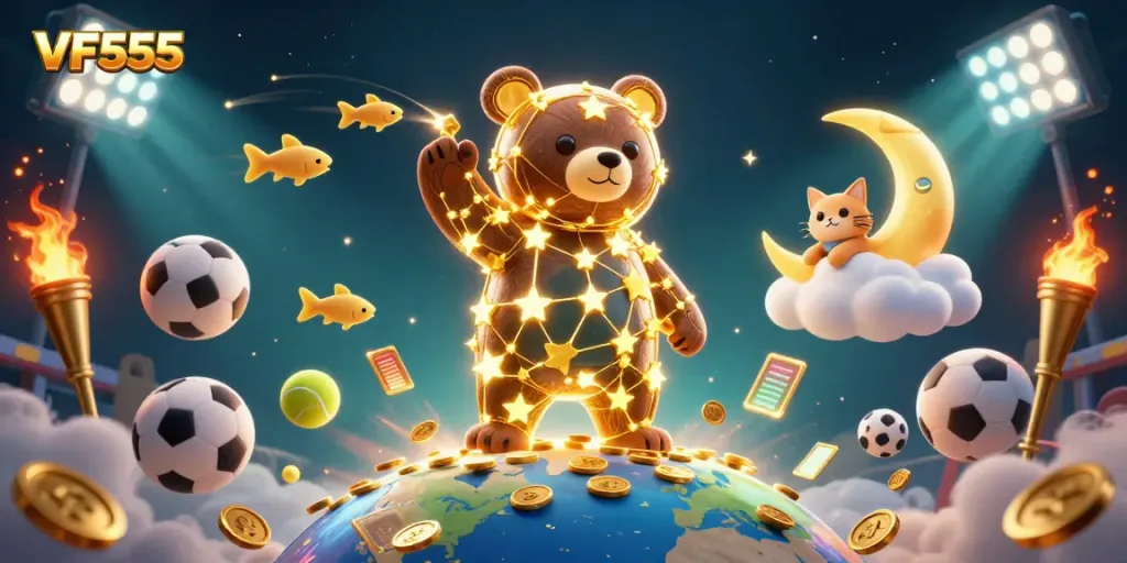 Join the excitement at VF555 casino with golden stars, coins, sports elements, and dynamic characters.